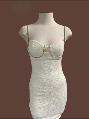 Lace Chain-Strap Ivory Mini Dress